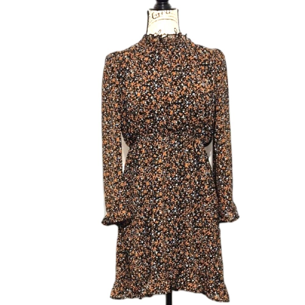Hayden Los Angeles Ditsy Floral Ruffle Dress S Black Orange Fall Autumn Style